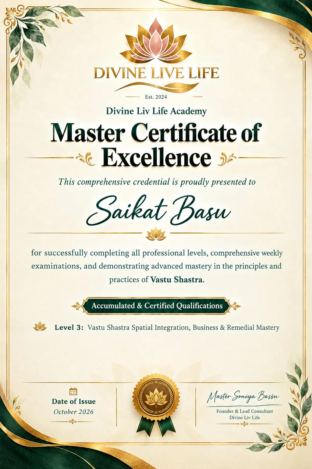 Master Certificate of Excellence presented to Saikat Basu