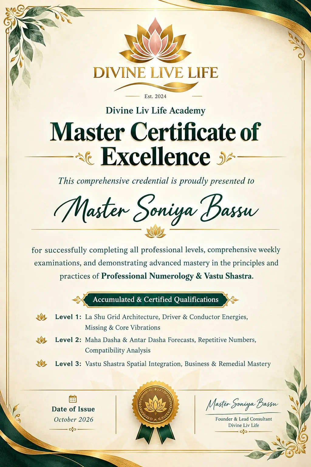 Master Certificate of Excellence presented to Master Soniya Bassu